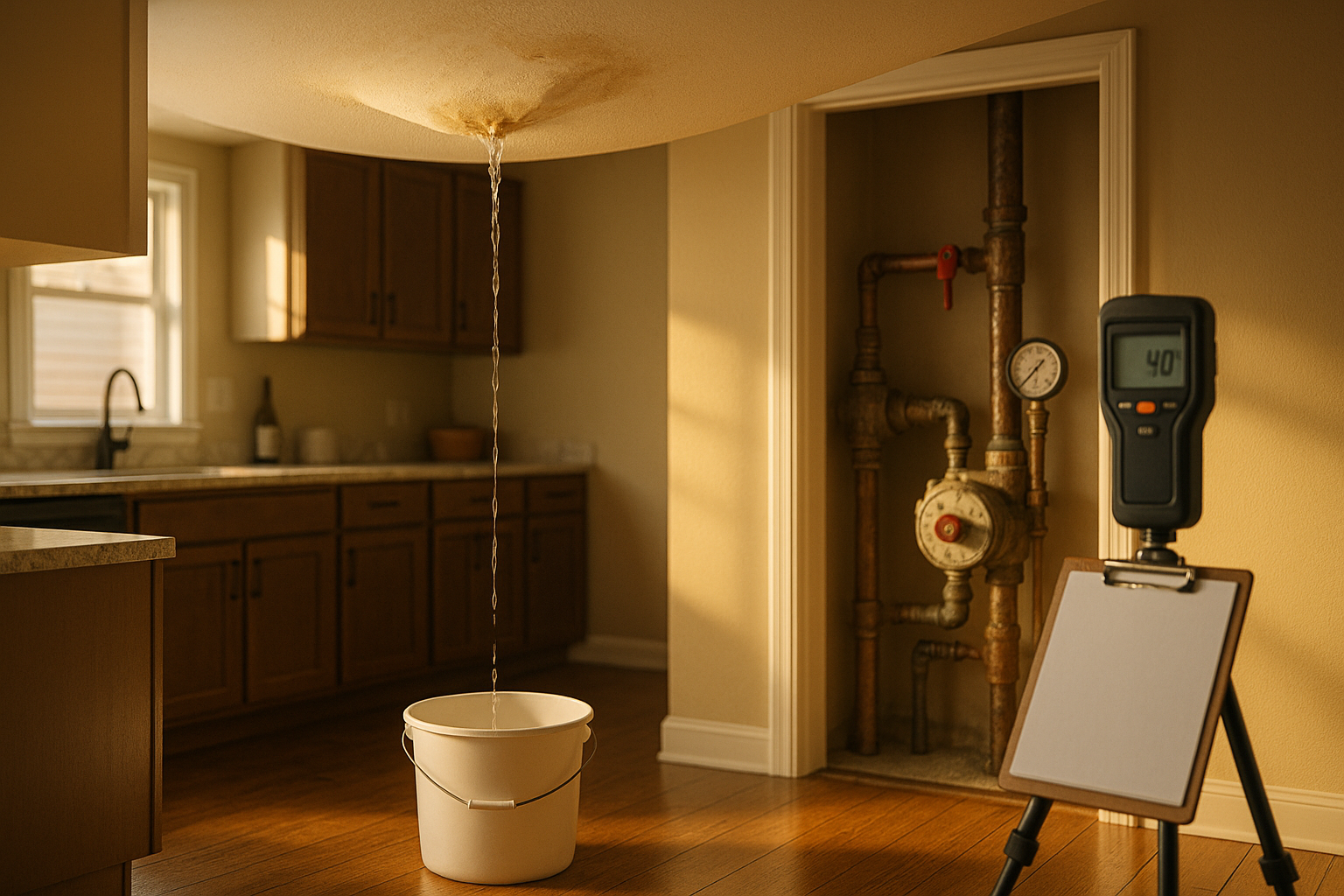Kitchen with bowed drywall ceiling leaking into bucket, visible water meter and red shutoff, warm daylight.