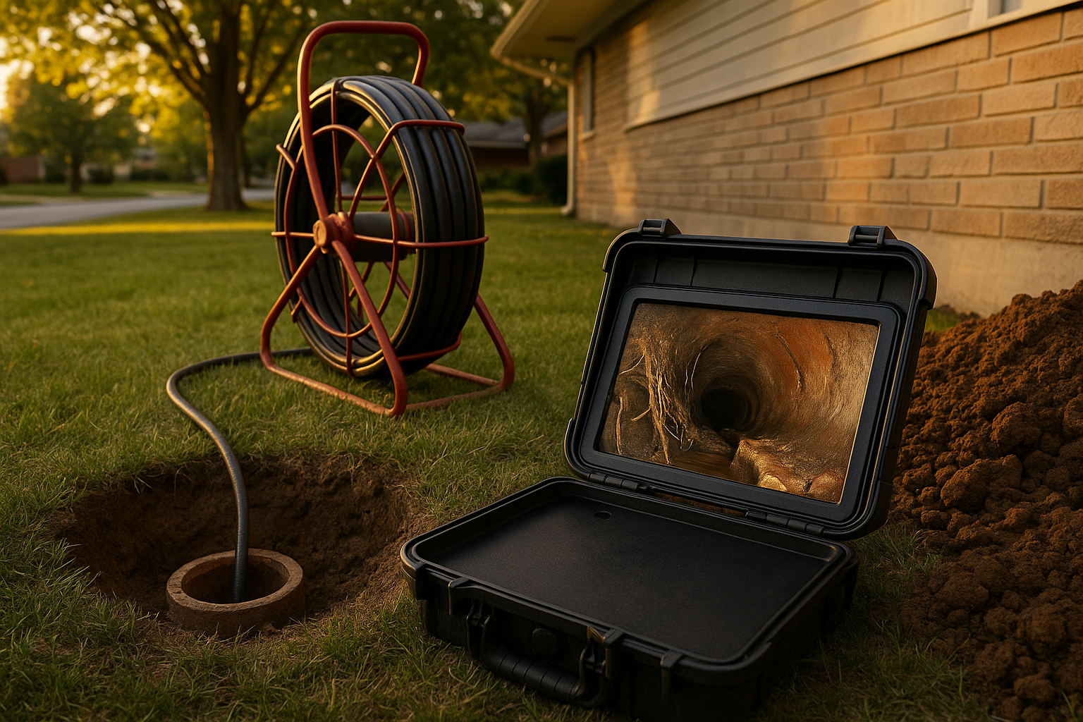 Close-up monitor on lawn showing sewer pipe footage with roots and cracks, coiled cable by cleanout, warm golden-hour light.