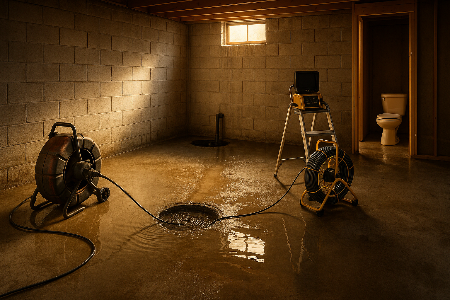 Unfinished basement with ankle-deep water around a floor drain, sump pit, coiled snake, camera reel, and removed toilet in warm daylight.