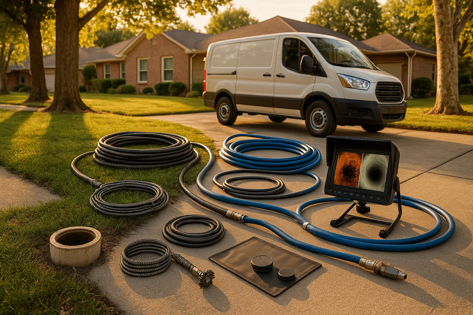 Open exterior sewer clean-out with snake, hydro-jet hose, camera monitor showing before/after pipe footage at warm golden hour.