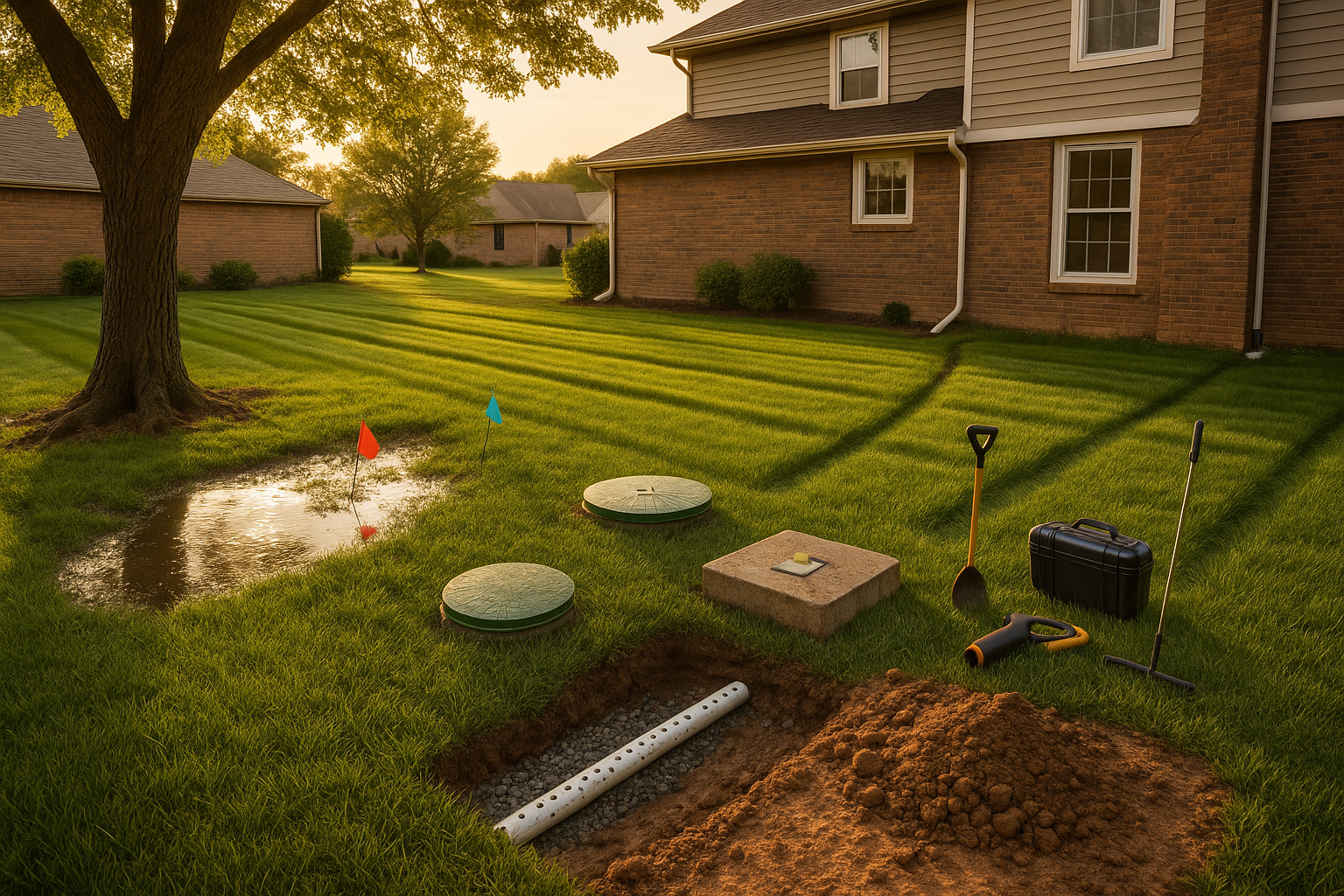 Wide suburban backyard at golden hour with saturated striped turf, pooling gray water, tilted D-box riser, flags, and new lateral pipe.