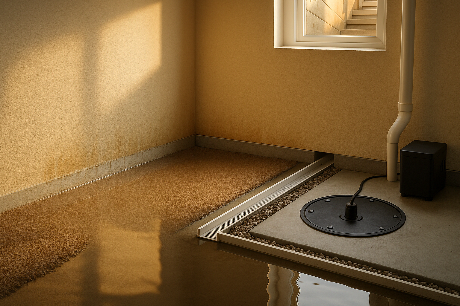 Finished basement with inch of standing water, ruined carpet, concrete drain channel to sump pit with pump and battery, warm light.