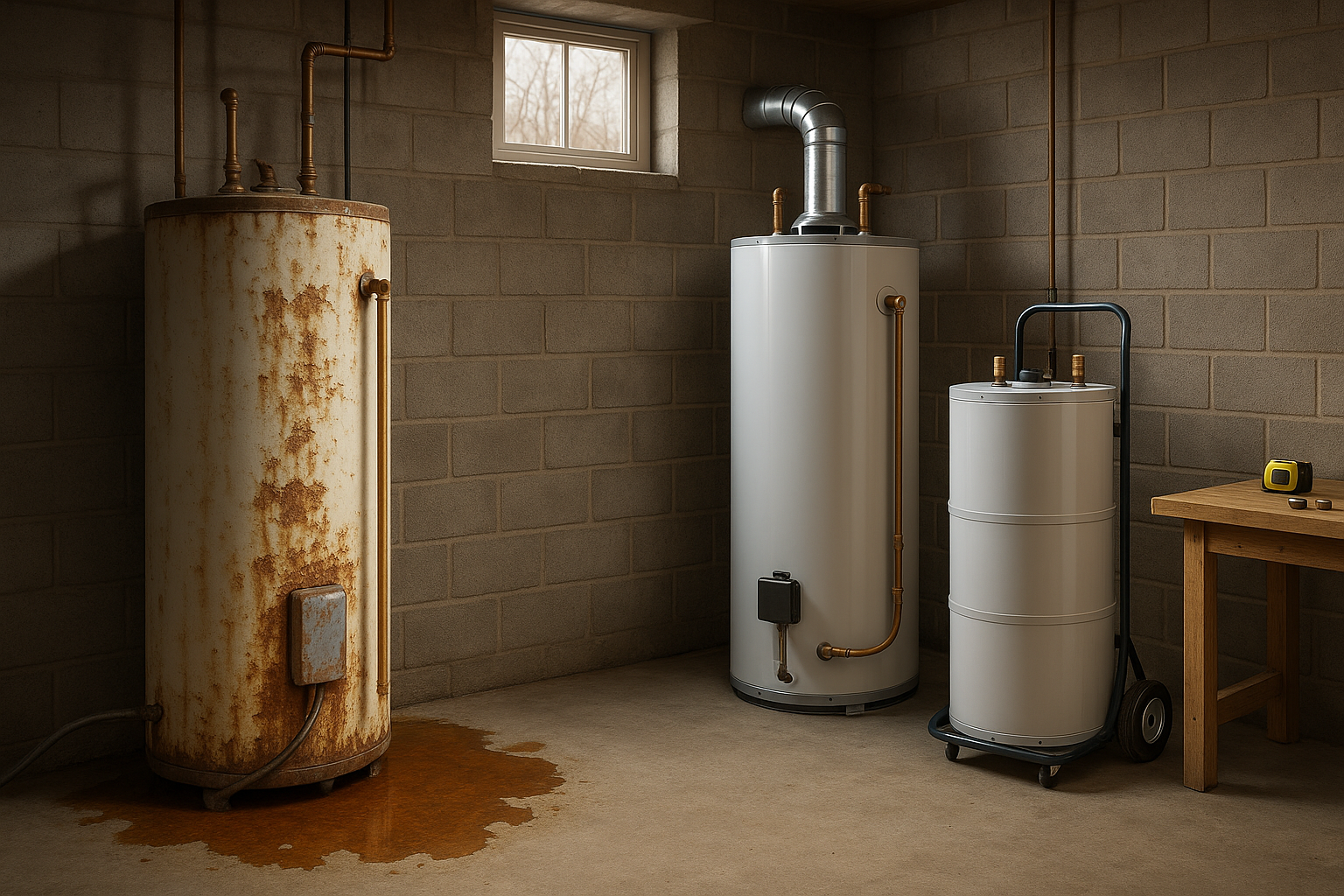 Basement with rusted leaking electric tank by a new gas water heater, concrete floor, warm light, small window with bare trees.