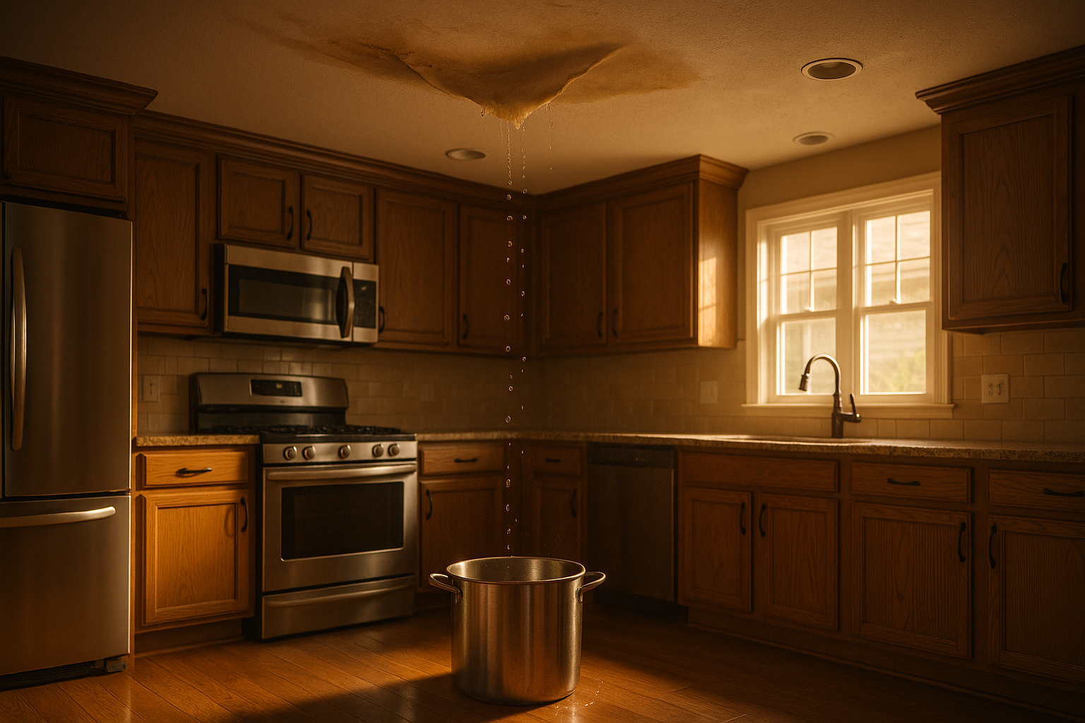 Kitchen ceiling leak with sagging drywall and stockpot collecting water, warm natural light, suburban home interior.