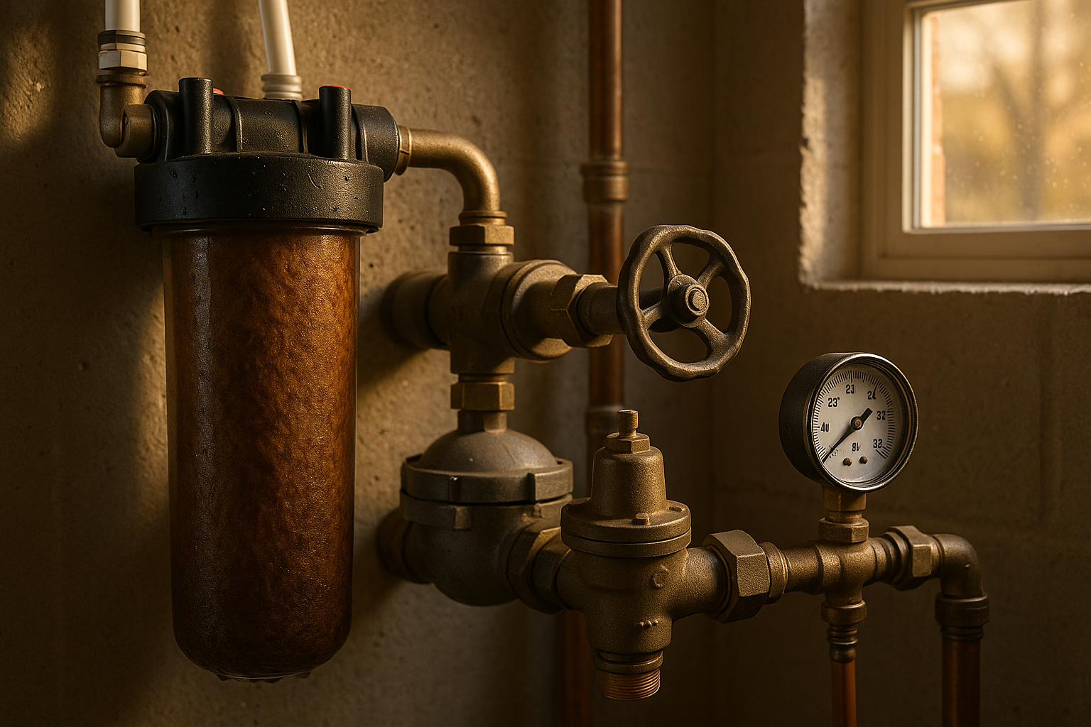Basement utility with dirty whole-house filter, metal shutoff, PRV and pressure gauge; warm golden-hour light, concrete floor, copper and PEX piping.