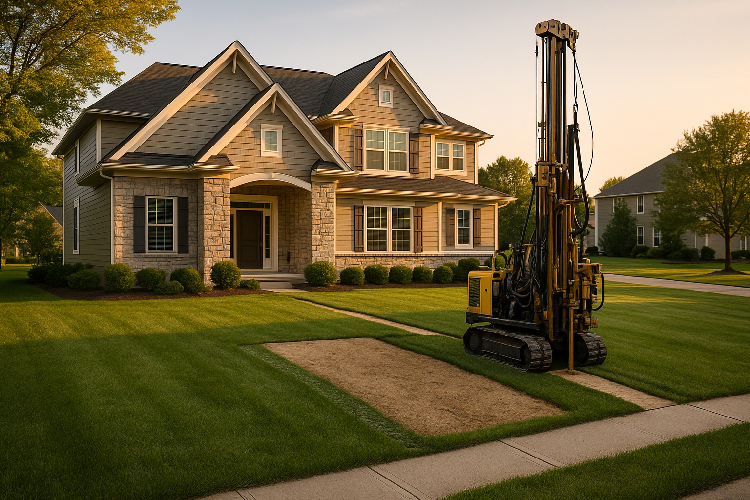 Golden-hour wide shot: drill rig on a Hamilton County lawn with minimal turf disturbance and suburban house backdrop.
