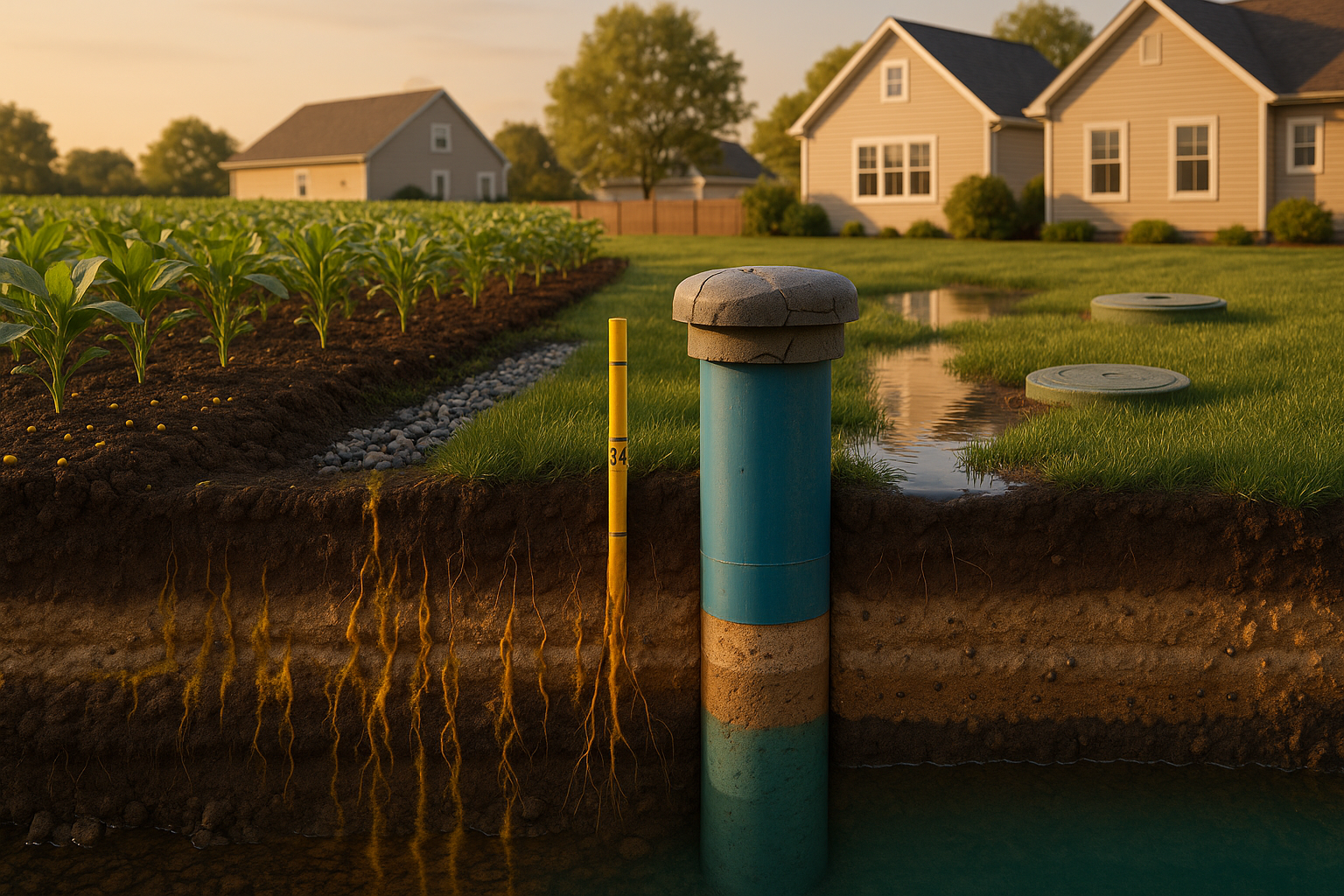 Cross-section of field to aquifer with well casing, cracked cap, French drain, septic lid; warm golden-hour light.