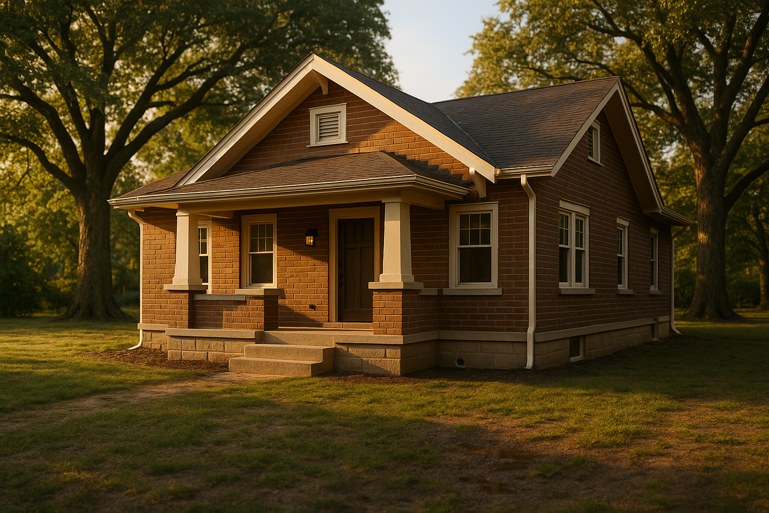 1940s Indianapolis bungalow at golden hour, large yard, mature oaks, visible foundation and French drain.