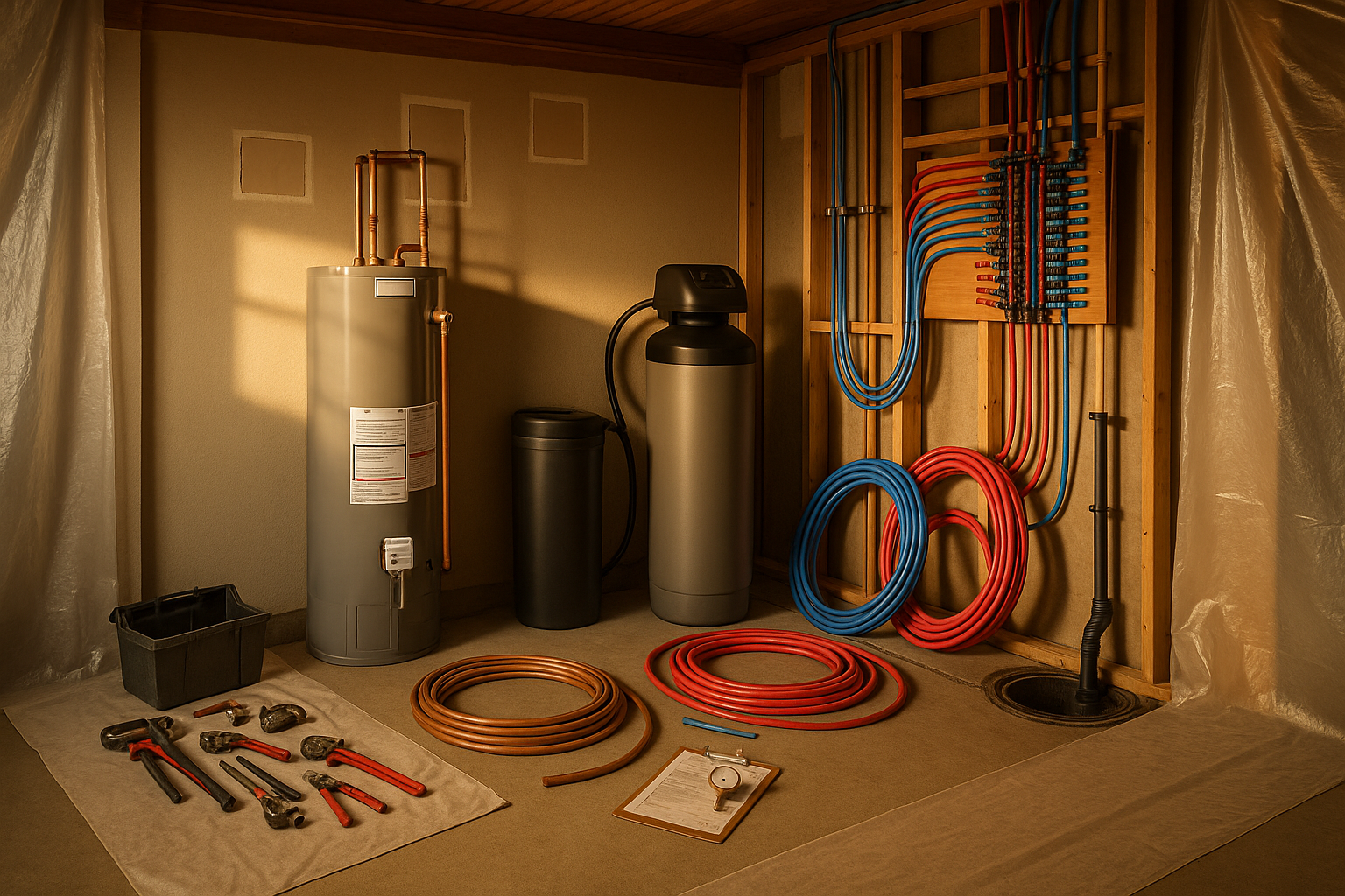 Basement utility room with water heater, softener, PEX manifold, red/blue PEX coils and Type L copper in warm golden light.