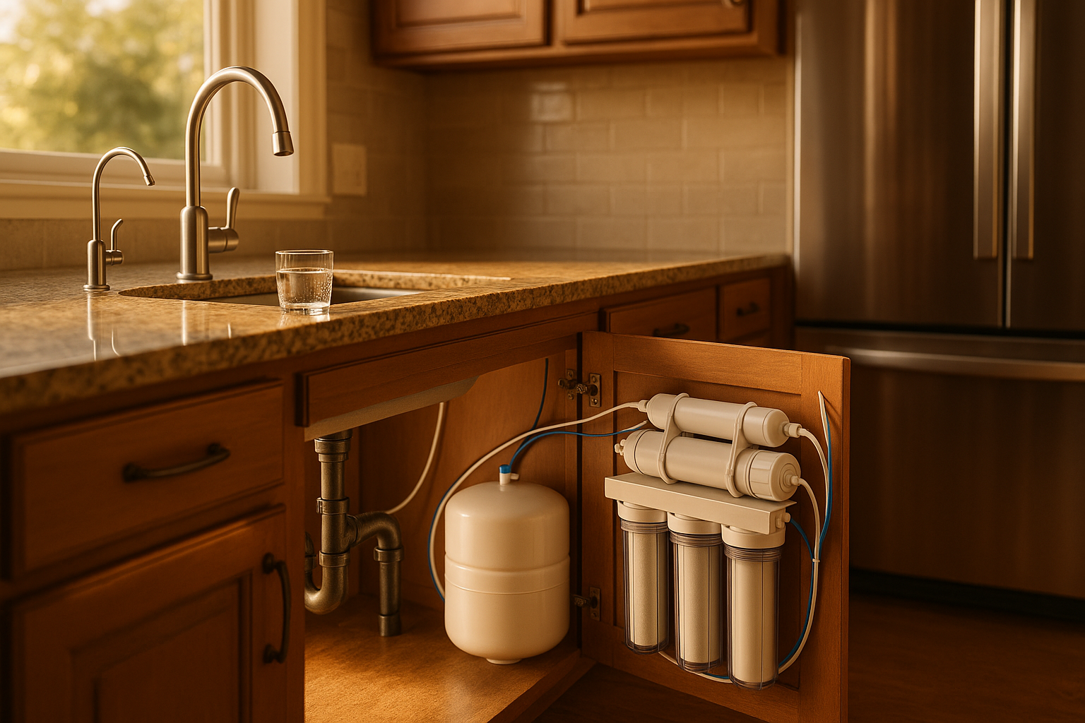 Under-sink RO system in a premium Indianapolis kitchen: sediment and carbon housings, membrane, mini tank, tidy tubing, granite countertop, warm daylight.