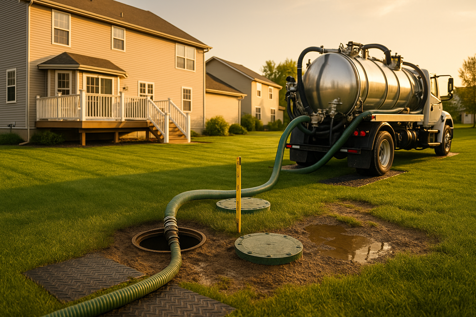 Golden-hour suburban backyard, pump truck by house, exposed septic lids, hoses, measuring rod, lawn mats, clay soil and soggy patch.