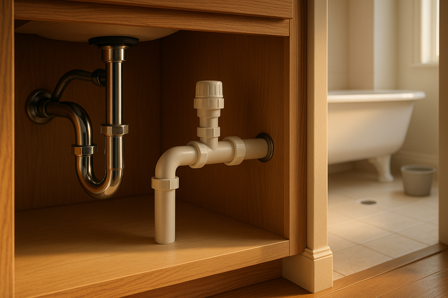Under-sink P-trap and AAV in warm-lit kitchen, guest tub and bucket visible through doorway in suburban interior.