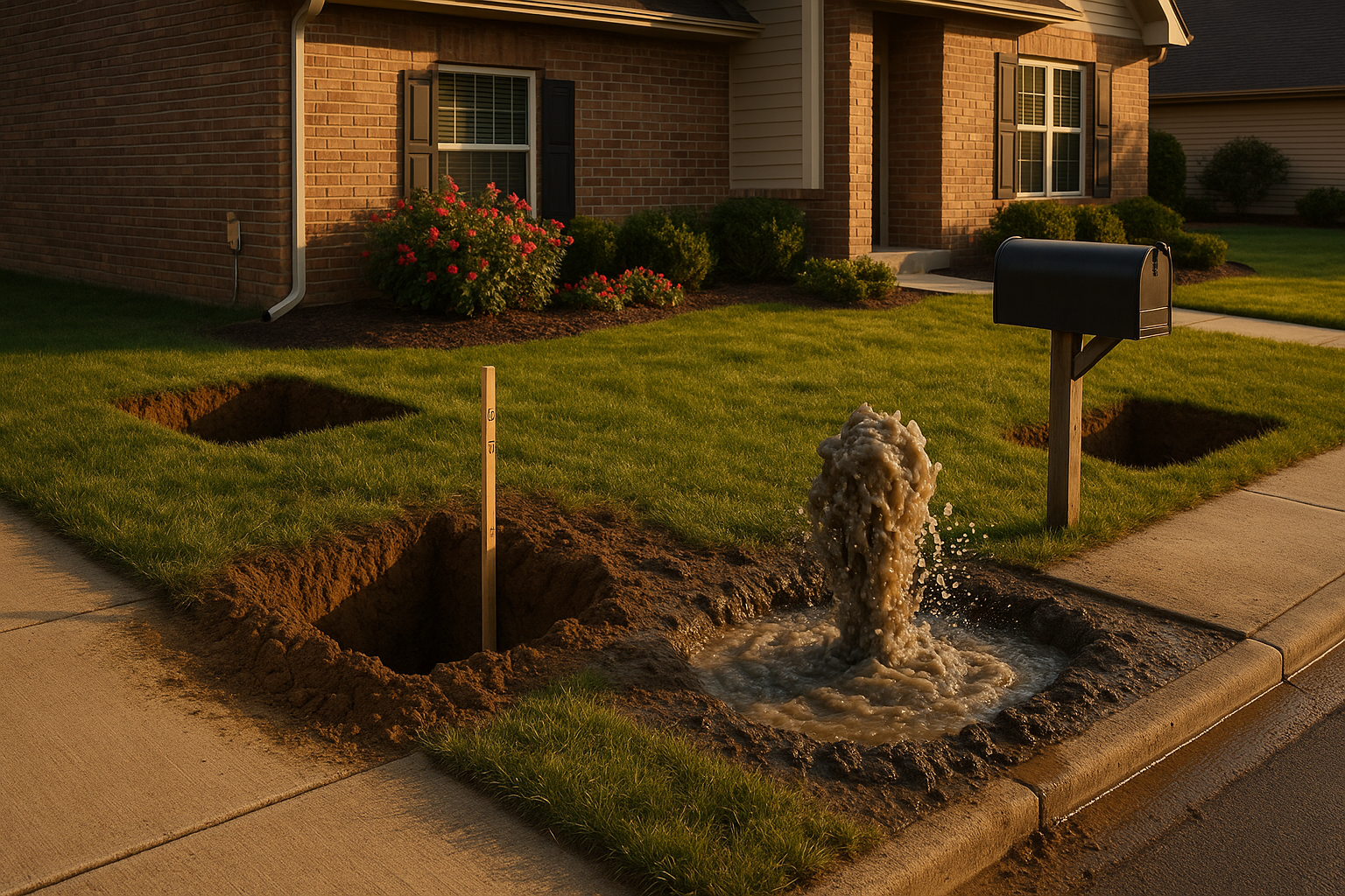 Front yard at golden hour, sewage geyser near mailbox, two small access pits, sticky clay soil, 36-inch depth stake, suburban Westfield setting.