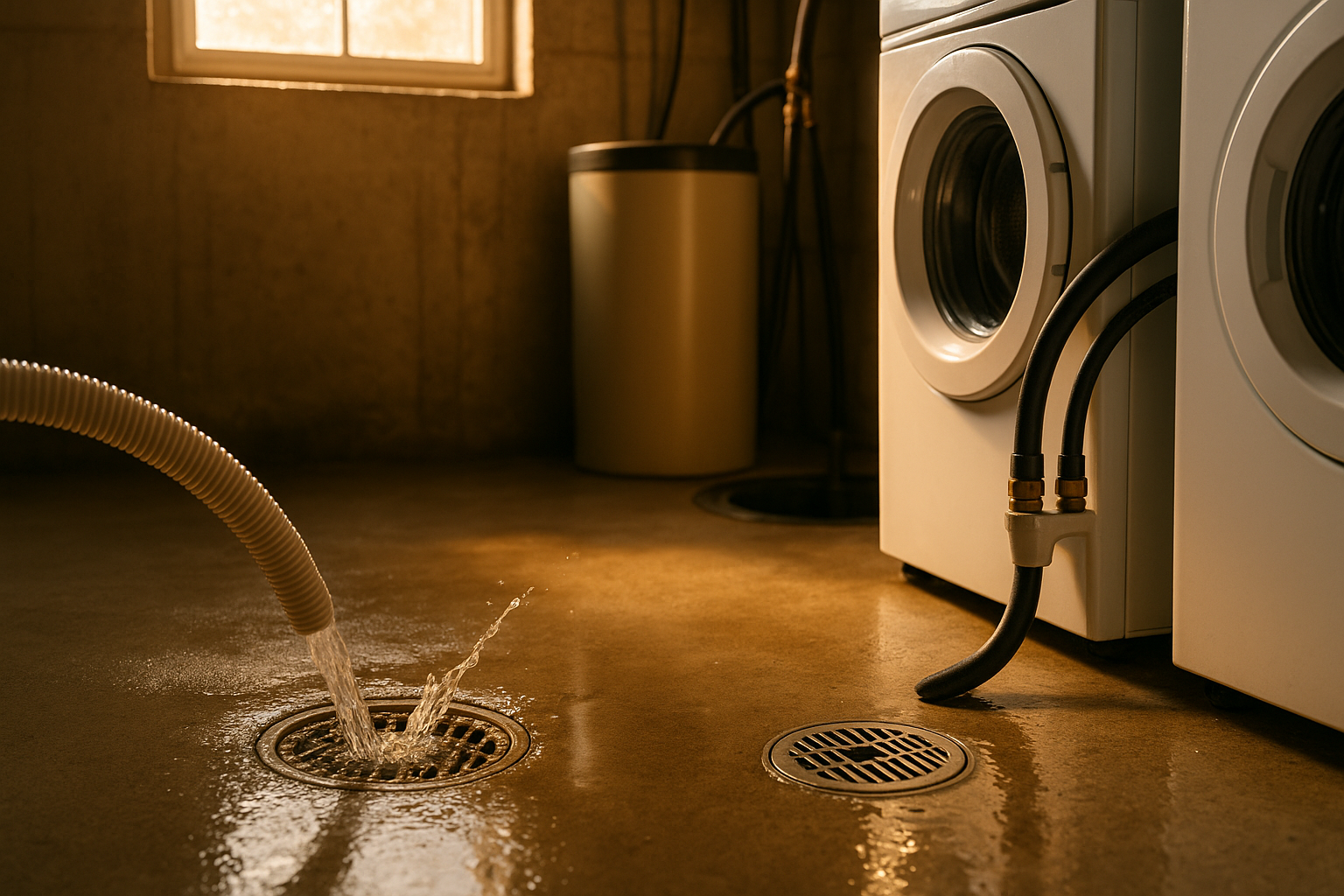 Basement concrete floor drain with minor standing water, washer hose, water softener, warm golden-hour light, diagnostic utility setting.