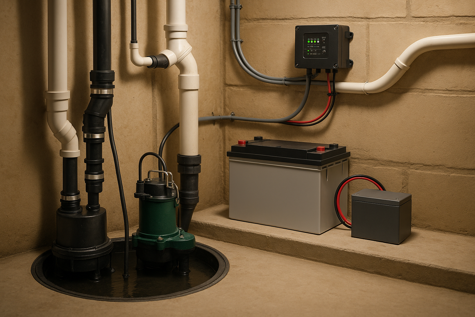Basement sump pit with primary and backup pumps, AGM and lithium batteries, controller, pitched PVC discharge, warm utility lighting.