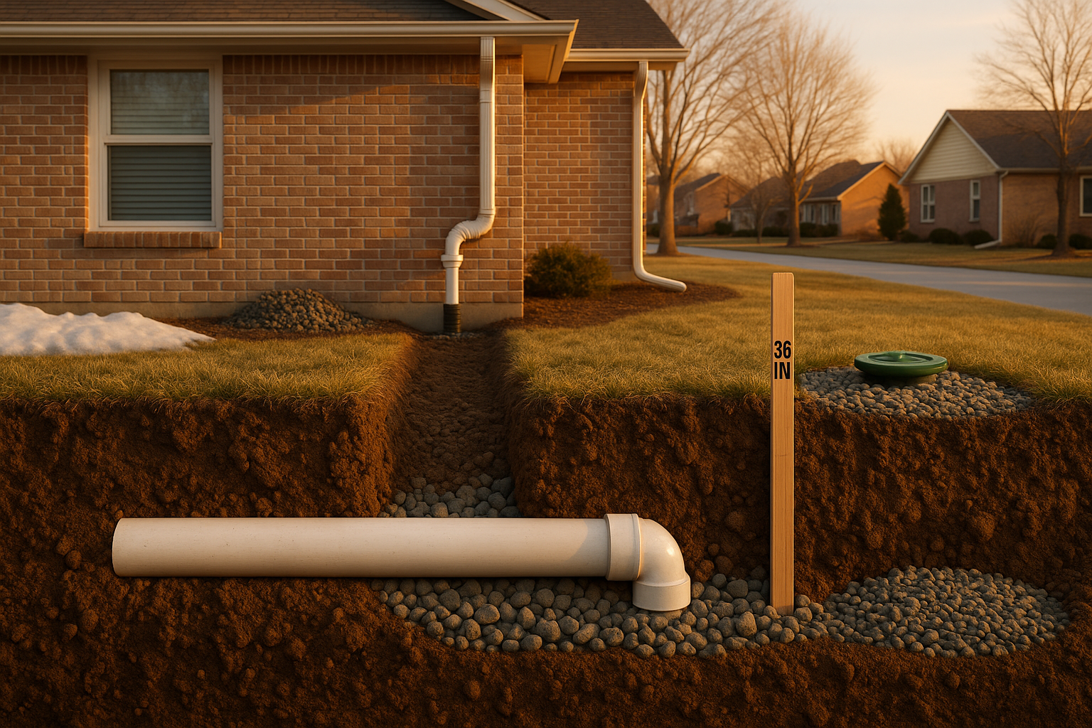 Trench cutaway with buried smooth-wall PVC, gravel bedding, 36-inch depth marker, ice-guard and pop-up emitter at golden hour.