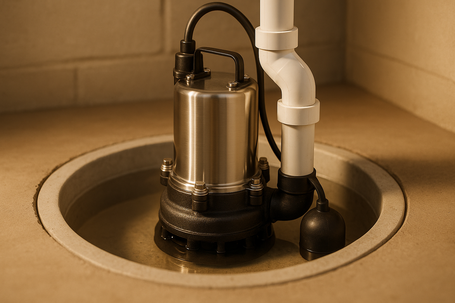 Close-up of unbranded submersible sump pump in polyethylene basin, stainless housing, rubber isolators, warm soft basement light.