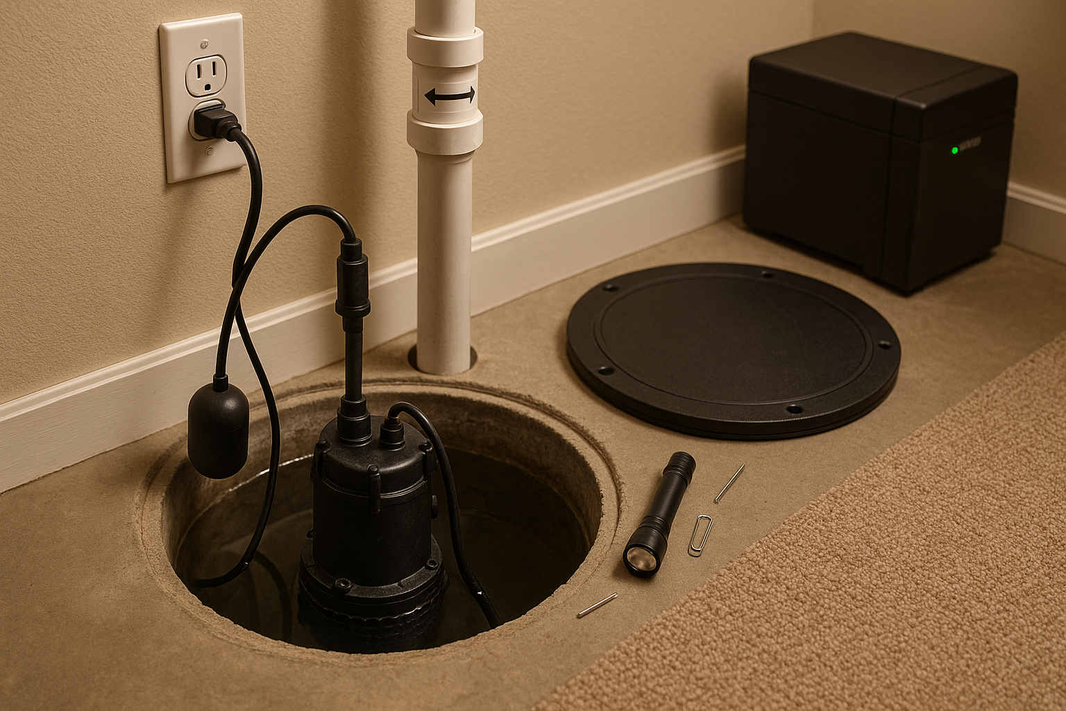 Open concrete sump pit with pump, float, cleared weep hole, tools, battery backup, GFCI, PVC fittings, warm utility light.
