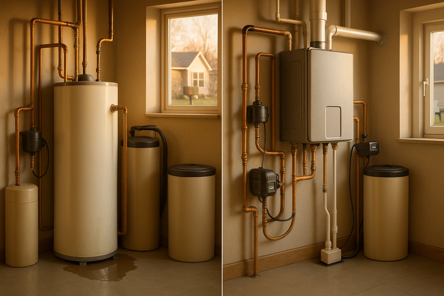 Side-by-side tank and tankless heaters in matching utility rooms, warm daylight, vents, softener, condensate pump, service clearances.