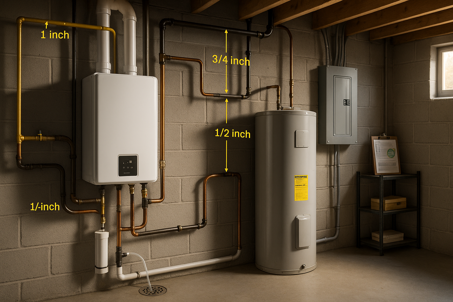Basement mechanical room with condensing tankless, PVC vent, 50-gal tank, gas pipe sizing, neutralizer, permit clipboard, 200 AMP panel, warm daylight.