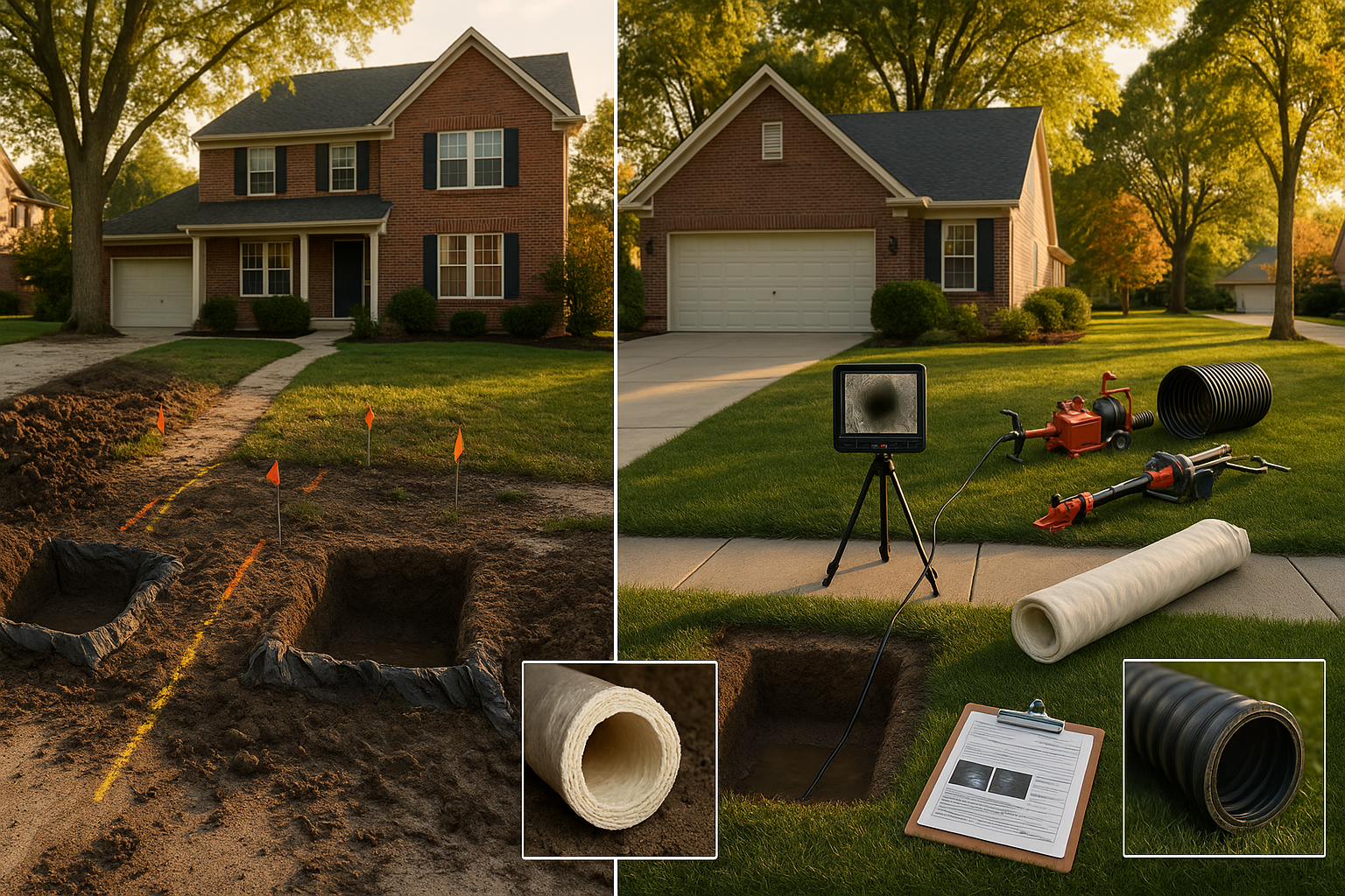 Wide golden-hour before/after yard: two 4x4 tarped access pits, restored seeded patches, intact driveway, utility flags, oak trees.