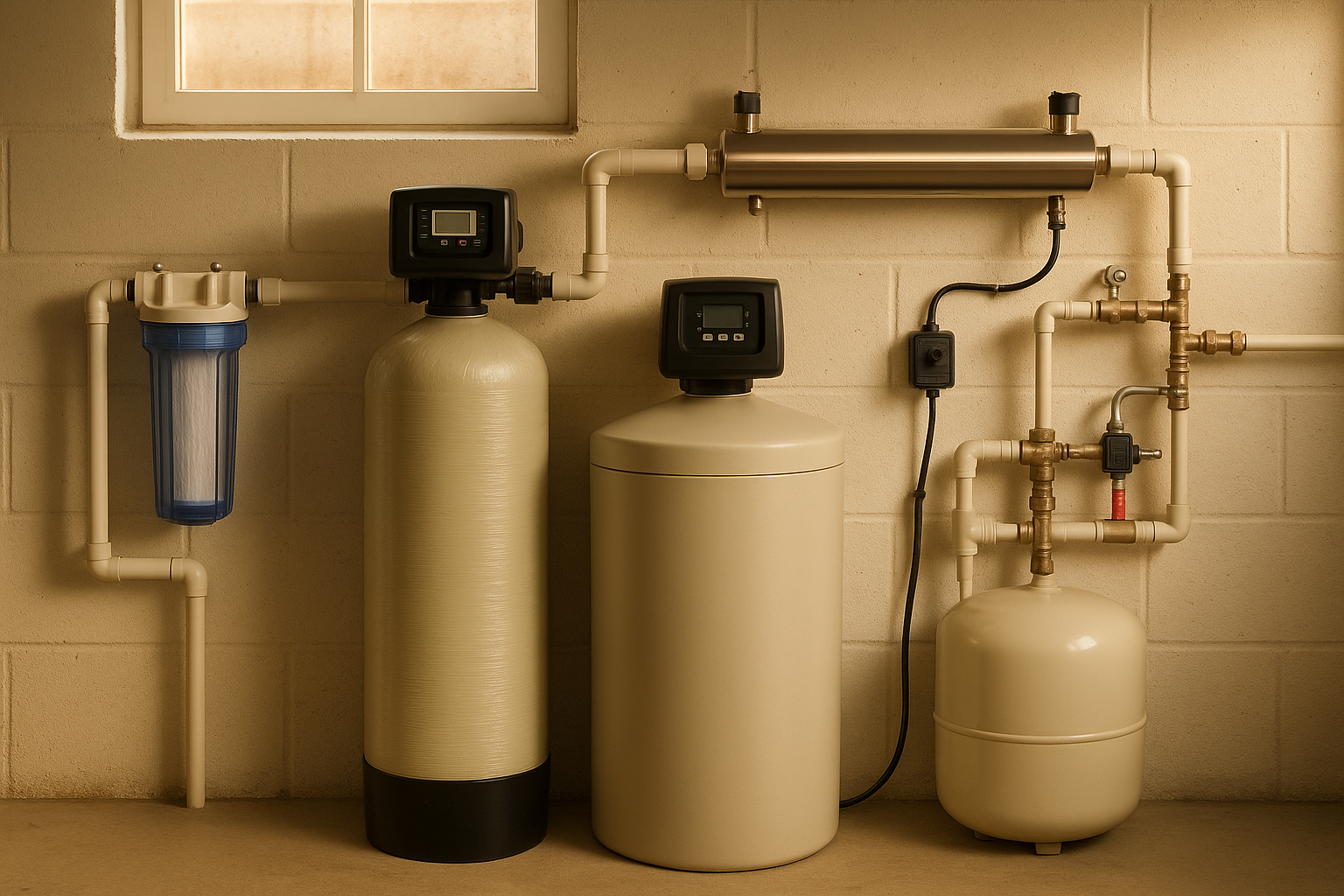 Basement utility wall with stainless steel UV chamber, 5-micron pre-filter, twin softener tanks and flow meter in warm daylight.