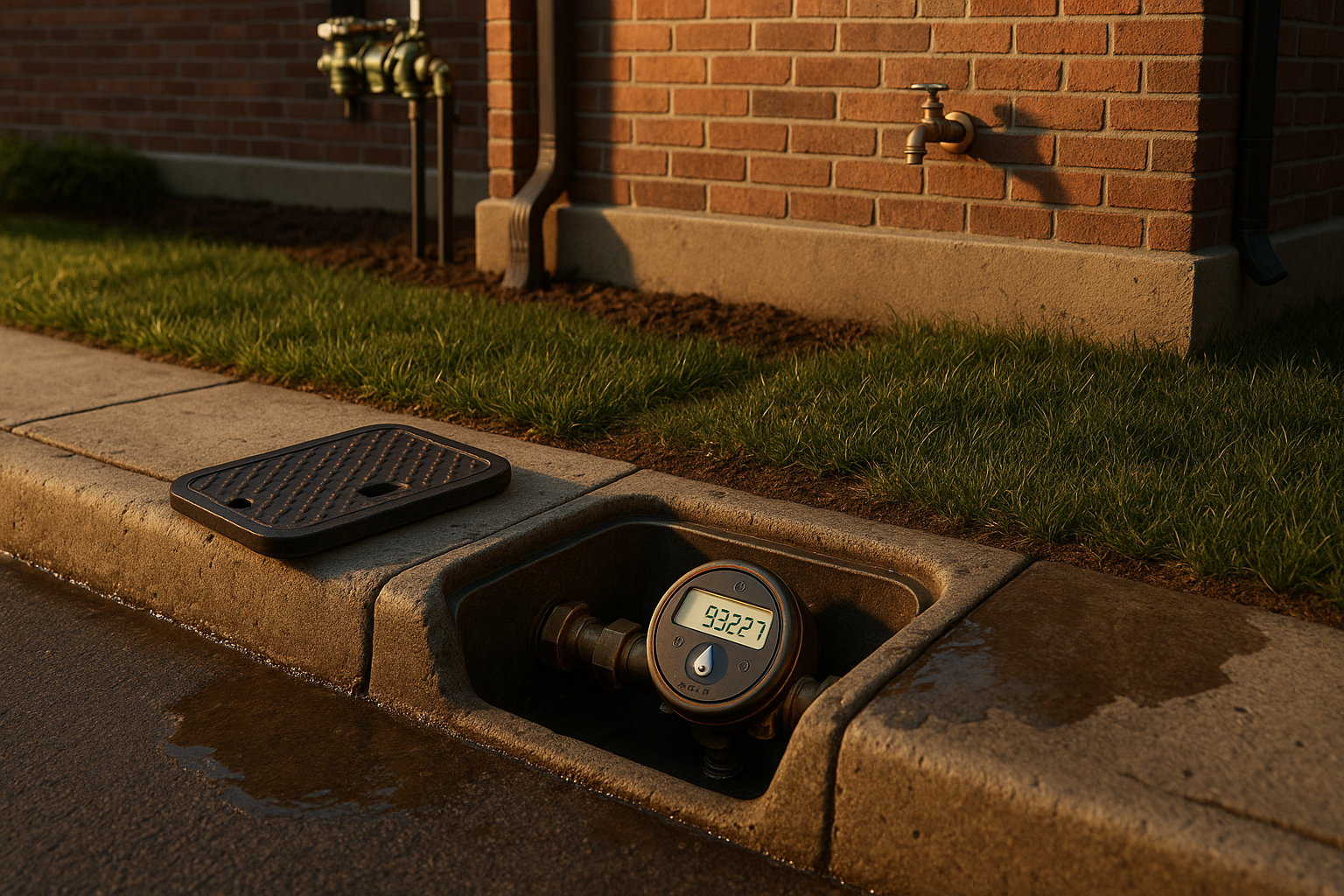 Open curbside meter pit with digital meter, wet concrete, hose bib and backflow near brick foundation at golden hour.