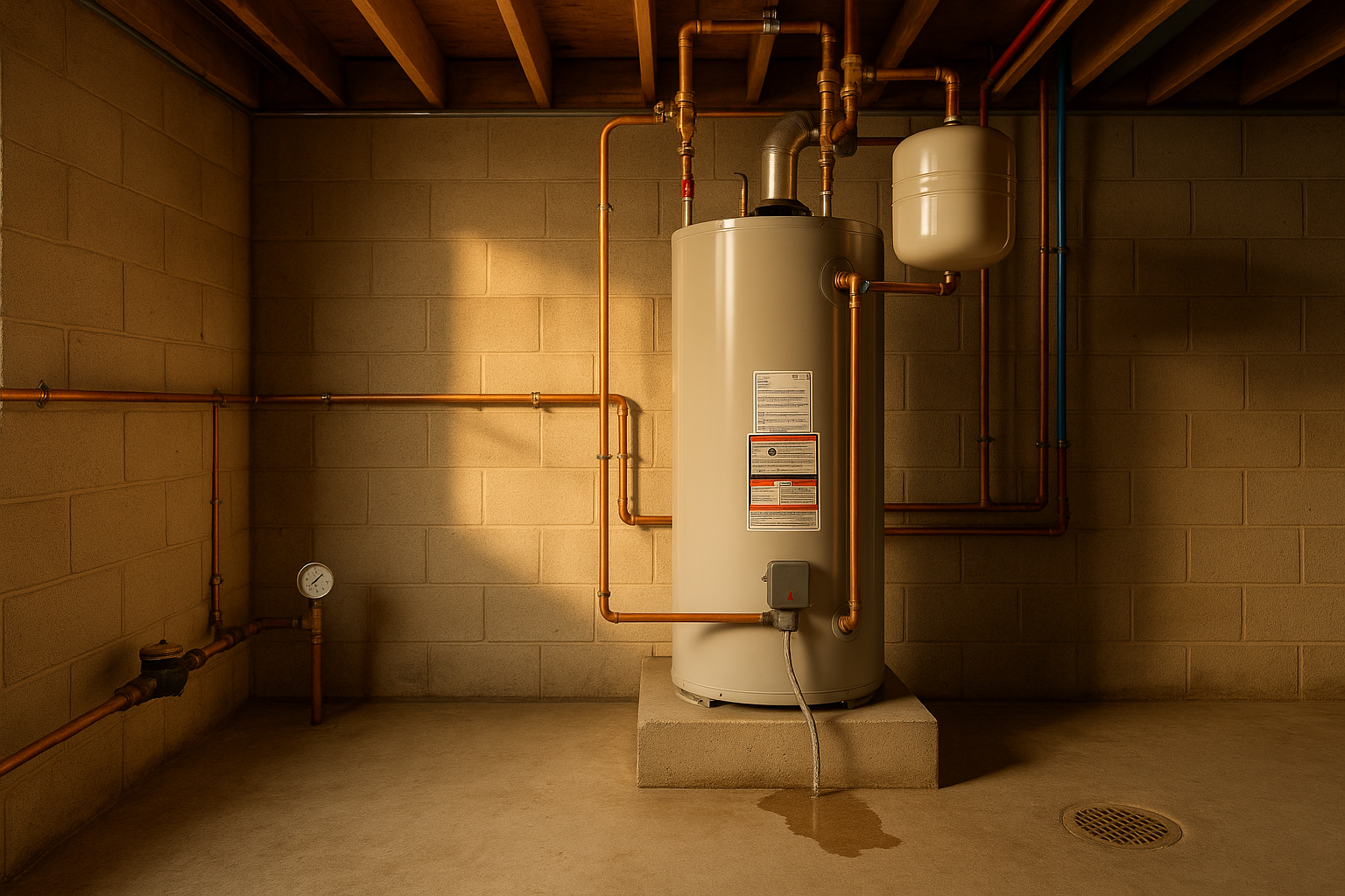 Wide photoreal basement with water heater, expansion tank, T&P drip to drain, dielectric union, pressure gauge, warm golden light.