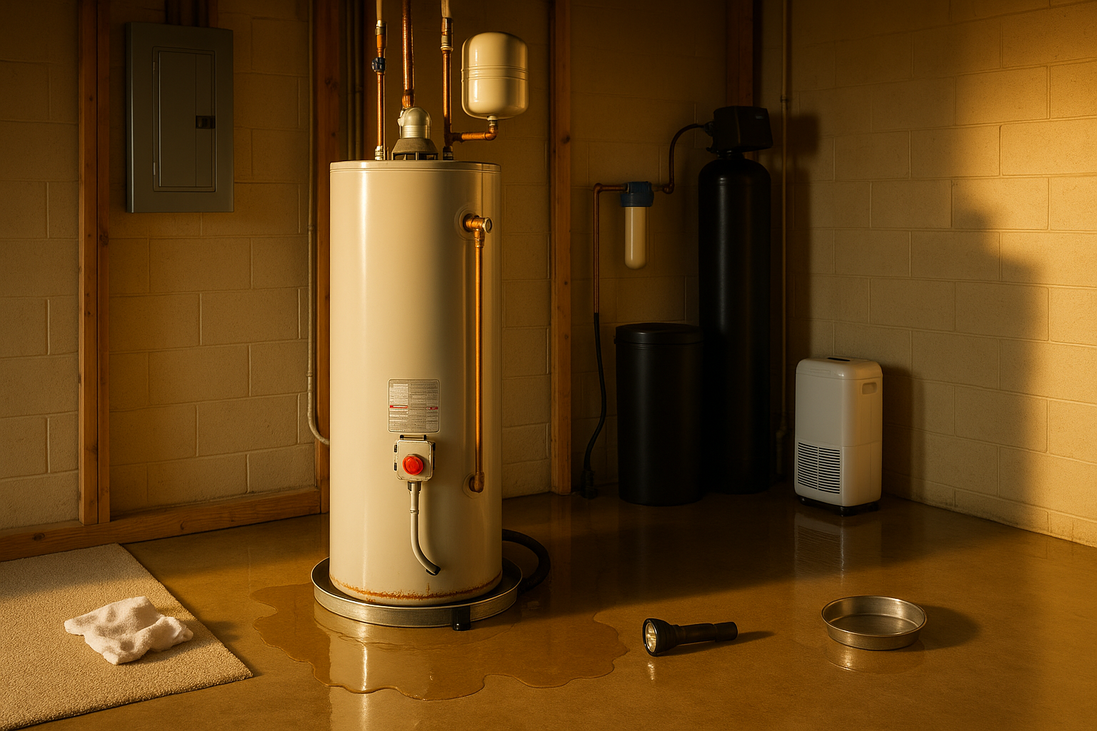 Wide finished-basement mechanical room with gas tank water heater, pooling water and carpet edge, breaker panel, warm golden-hour lighting.