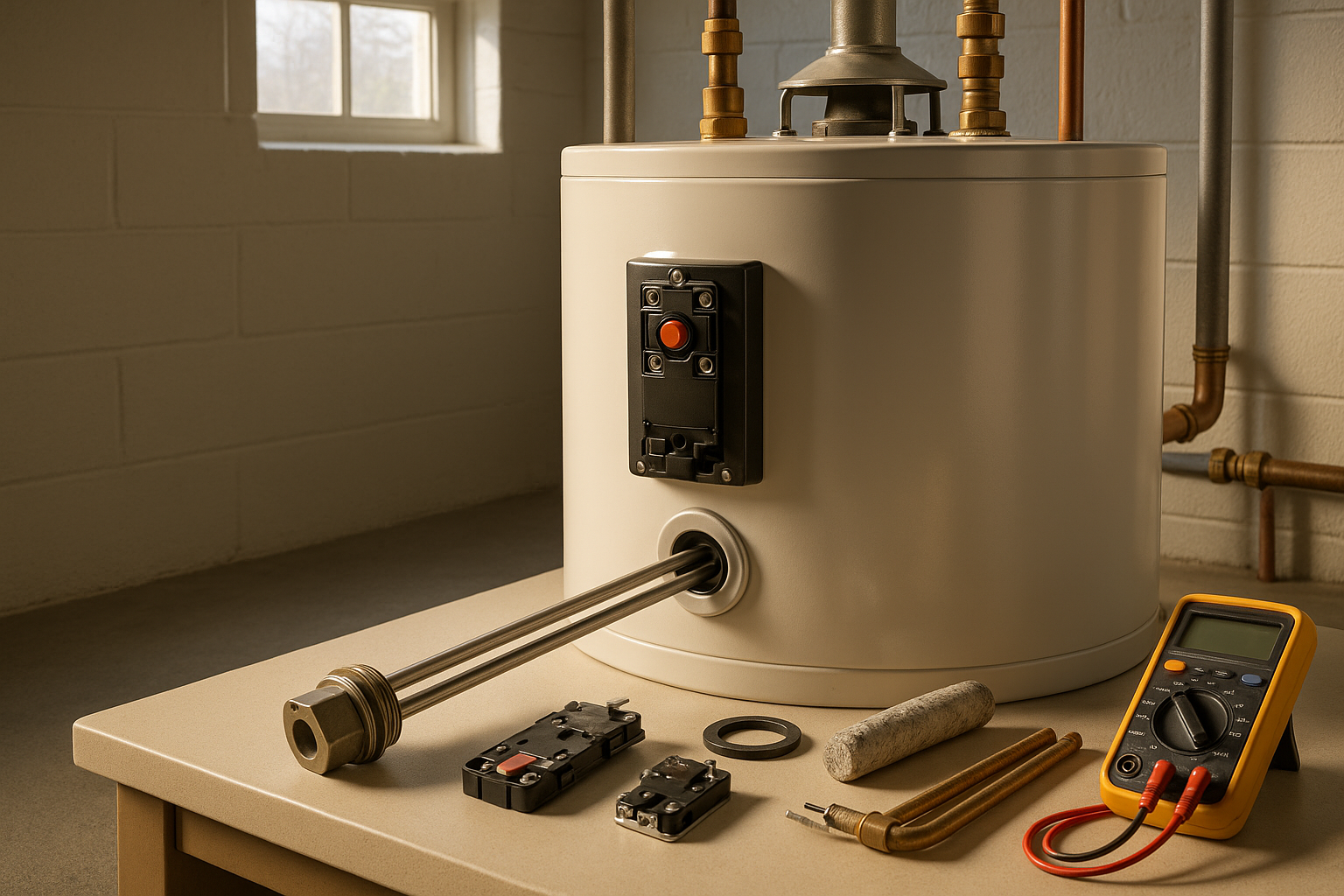 Electric water heater thermostat close-up with red reset button, multimeter and parts on bench, warm daylight in Indianapolis basement.