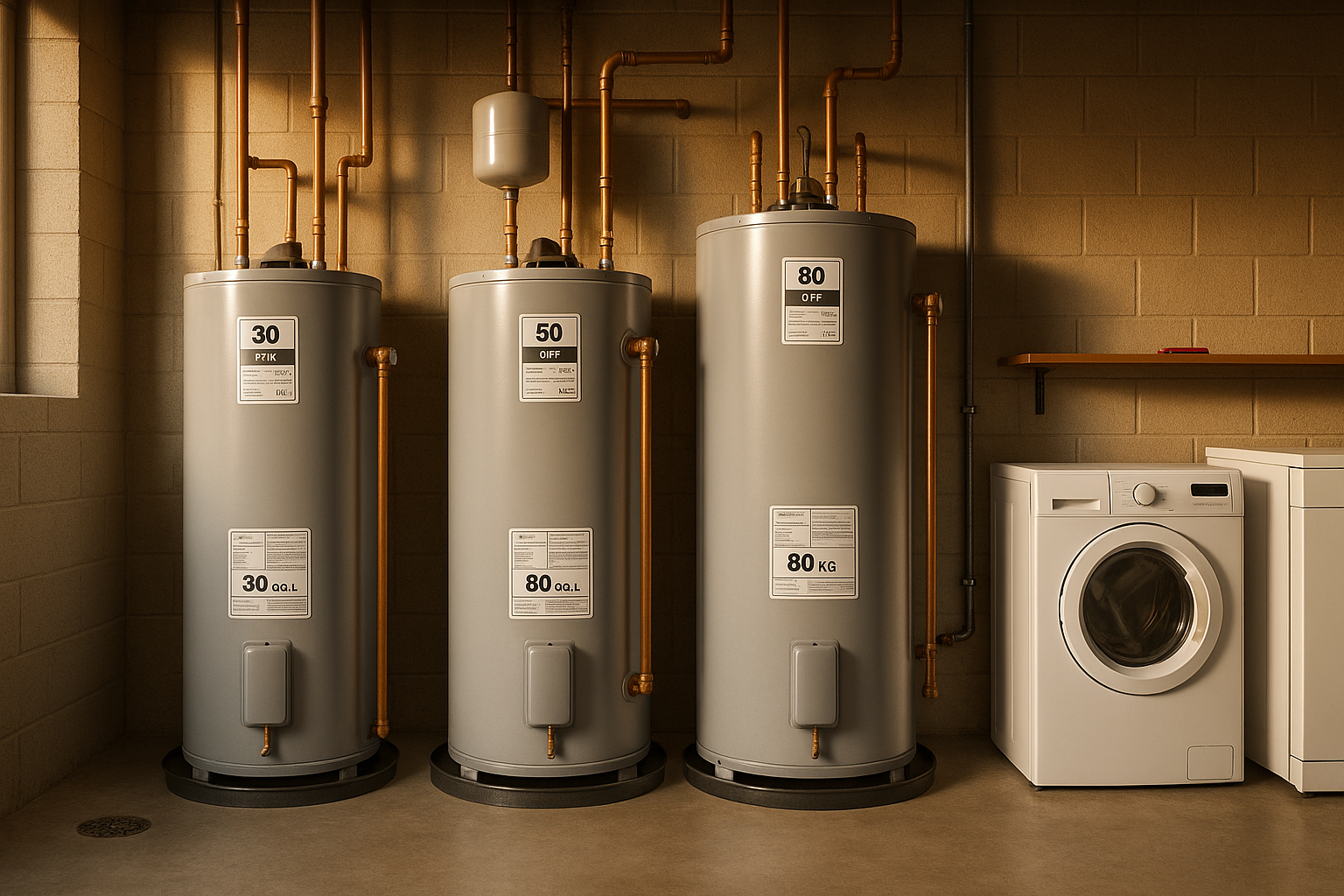 Basement utility with three tanks (30–80 gal), expansion tank, relief piping to drain, laundry hookups, visible spec plates in warm light.