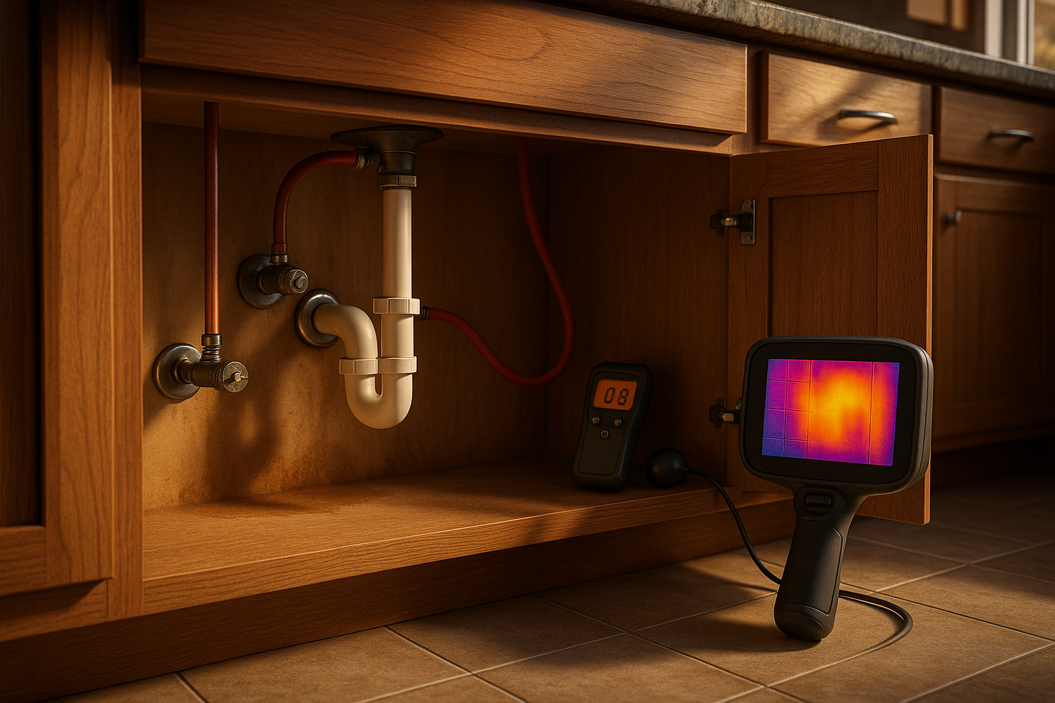 Kitchen island underside with exposed copper/PEX plumbing, moisture and acoustic detectors, thermal camera screen, warm golden-hour light.