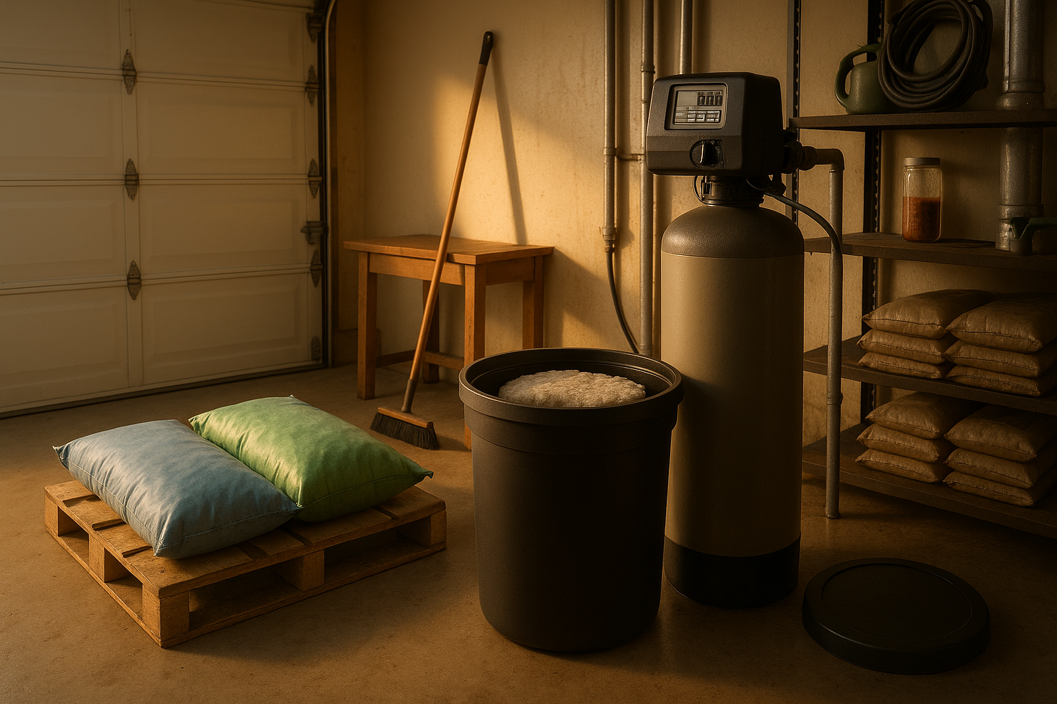 Garage utility room with open brine tank showing cement-like salt bridge, blue and green 40-lb bags, control head, resin vial, warm light.