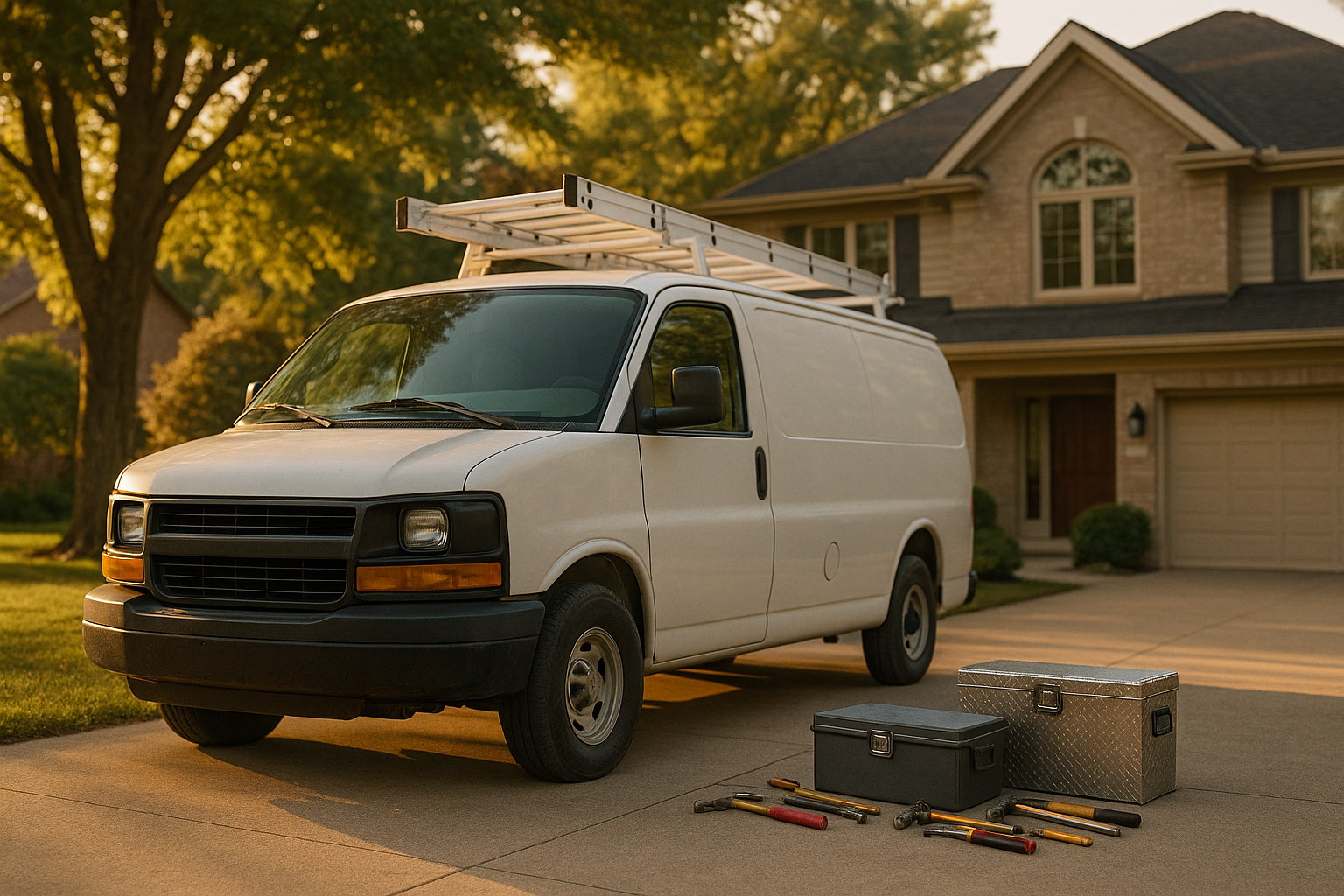 Unbranded service truck in Carmel driveway at golden hour, tools staged on pavement, suburban home and warm natural light.