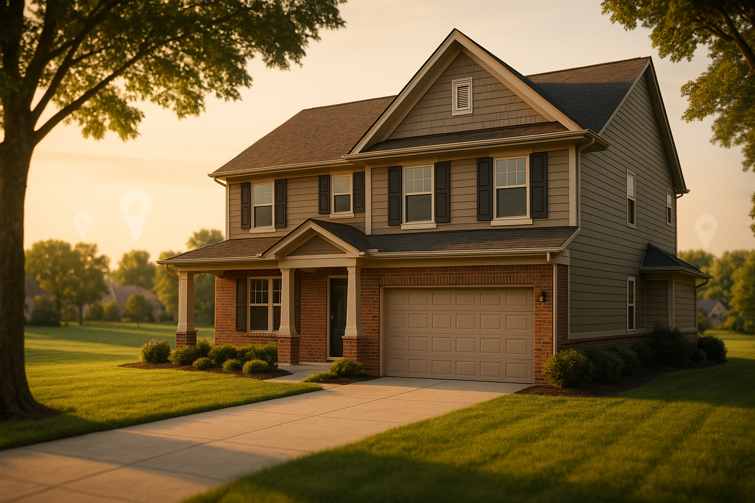 Golden-hour exterior of premium Indianapolis brick and siding home, landscaped yard, soft warm light, subtle translucent map pins in background.