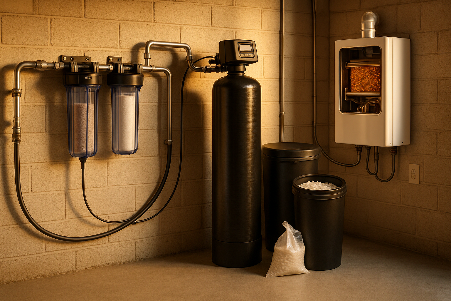 Basement utility room with stacked whole-house filters, catalytic carbon tank, softener and tankless heater in warm daylight.